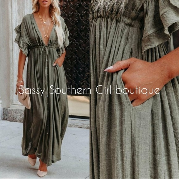 Boho deep neck button down maxi Dress Rustic - Picture 3 of 5